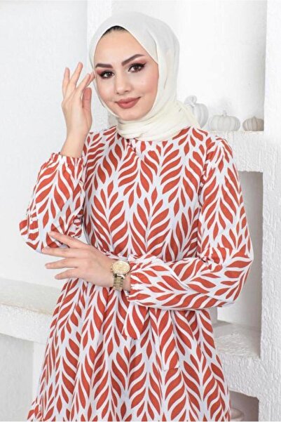 TRENDTESETTÜR KADIN KAHVE (KİREMİT) KUŞAKLI YAPRAK DESENLİ ELBİSE T 044