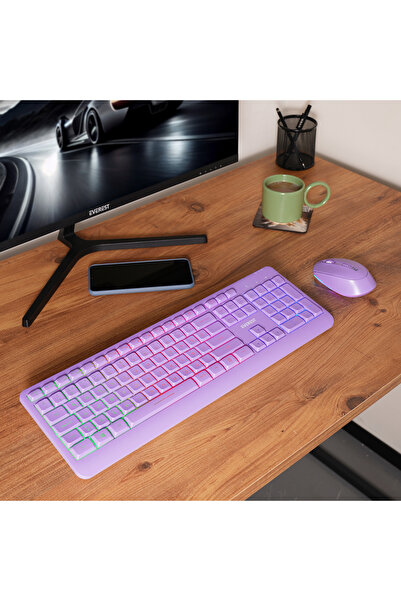 Everest KM-1500 Mor Kablosuz Rainbow Aydınlatmalı Q Multimedia Klavye + Mouse...