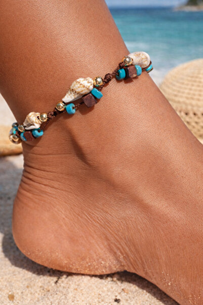 By Song Aksesuar خلخال صدفة البحر من الحجر الطبيعي باللون الفيروزي