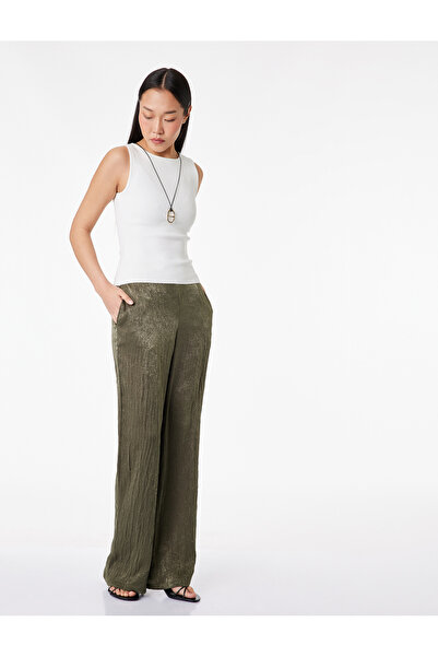 Koton Wide Leg Textured Satin Trousers with Elastic Waist and Pockets