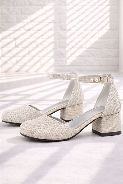 hapshoe Merida Gold Silvery Thick Heeled Pearl Detailed Girls' Heeled Shoes