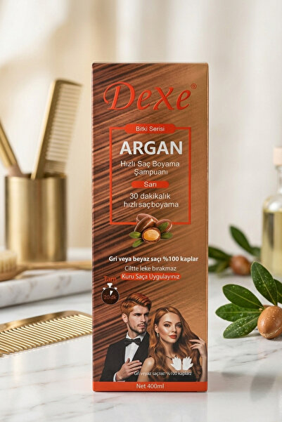 Dexe Argan Özlü Sarı Saç Boyama Şampuanı 420 ml – 30 Dakikada %100 Beyaz Kapatma