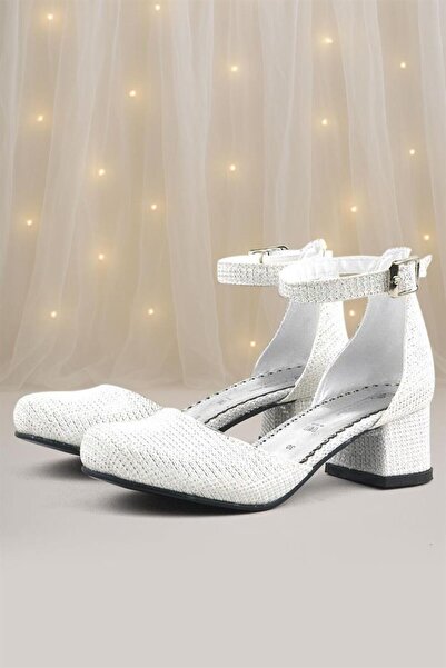 hapshoe Pantofi cu toc pentru fete cu toc gros cu sclipici alb catifelat Merida