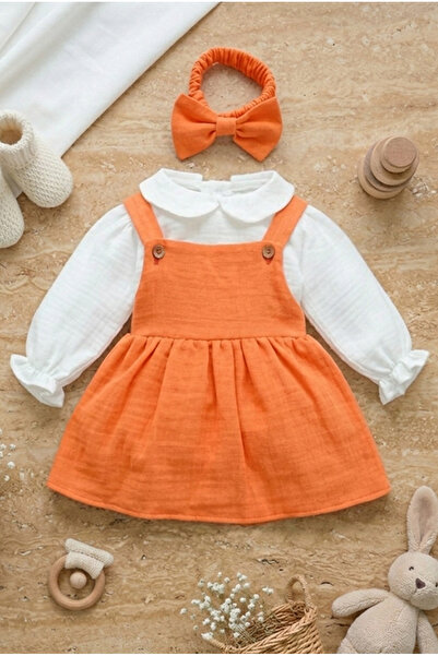 ipek atlas Kız Bebek Ve Çocuk Elbisesi Müslin Kumaş Üçlü Takım