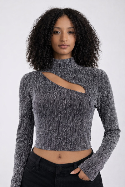 İLKCET MODA Ženska bluza sa kamenskim detaljima i šljokicama, niskog kroja