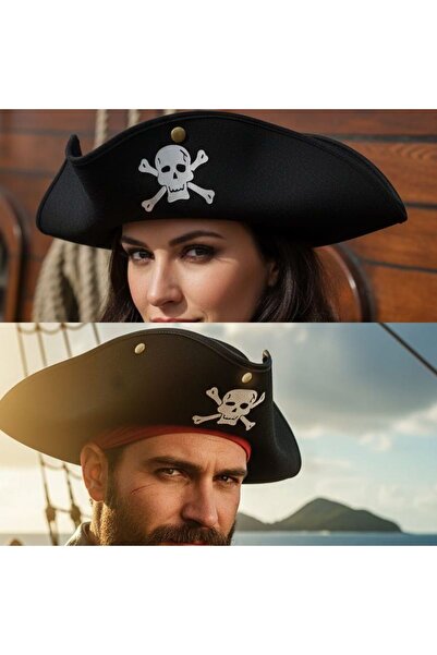 partidolu Siyah Renk Keçe Kumaş Çıt Çıtlı Karayip Korsan Jack Sparrow Şapkası...