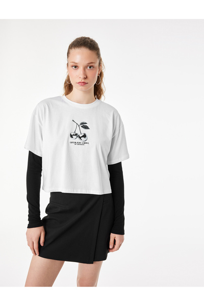 Koton Άνετο μπλουζάκι με κοντό μανίκι και λαιμόκοψη Cherry με τύπωμα