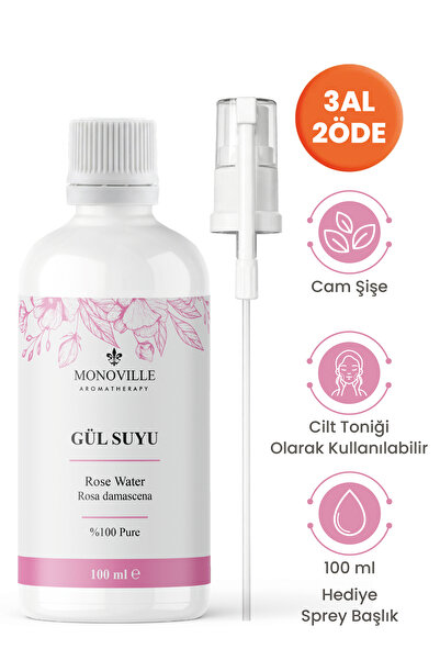 Monoville Gül Suyu Tonik Cam Şişe %100 Doğal 100 ml (Rose Water)