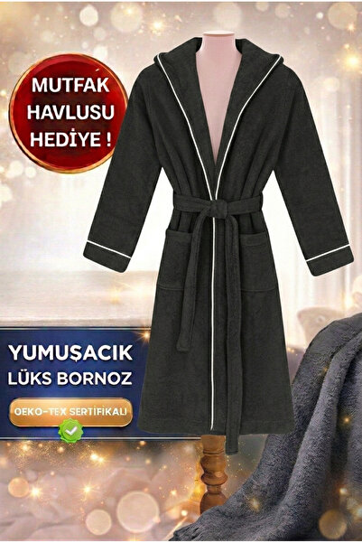 Layvera روب حمام أنثراسيت للرجال والنساء |   100% قطن - بغطاء رأس - حواف أسطو...