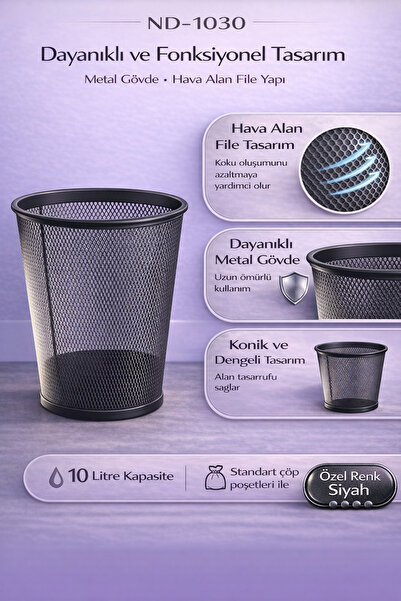 Genel Markalar Tam Delikli Metal Fileli Siyah Çöp Kovası ND-1030, şık ve kull...