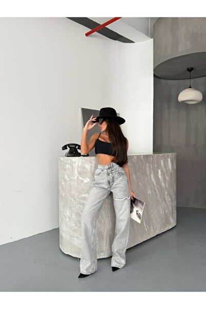 HerTon Yüksek Bel Asimetrik Düğmeli Jean - Gri Wide Leg Geniş Paça Denim Pant...