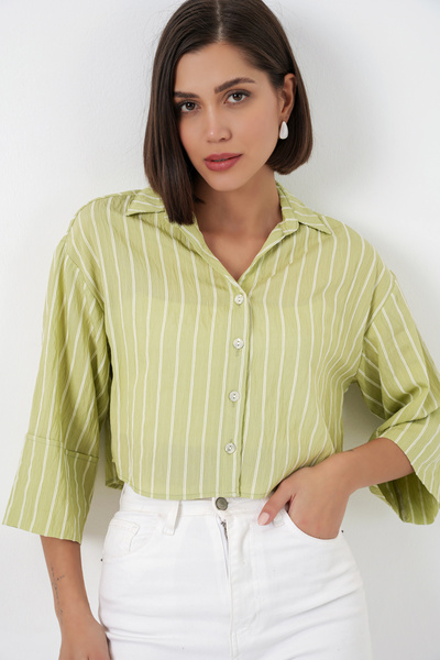 Bigdart Ženska Prugasto Oversize kroj kratka košulja 20326 - E.Green