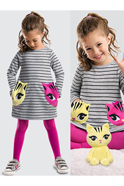 Denokids Gri İkiz Kedi Cepli Uzun Kollu Çizgili Kız Çocuk Elbise