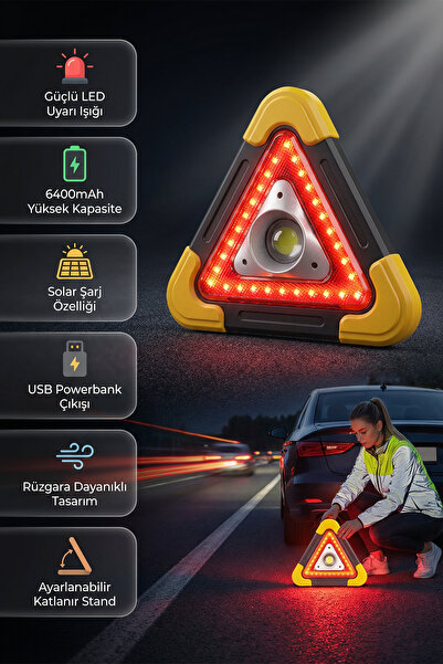 DEMPOWER Reflektör Acil Durum Uyarı Lambası Solar Şarjlı LED Üçgen Trafik İka...
