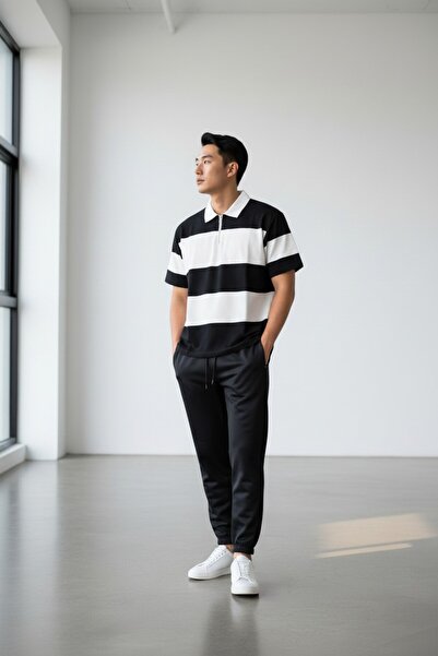 Altamira Men's Black Striped Oversize Half Zipper Elastic Leg Sweatpants Set