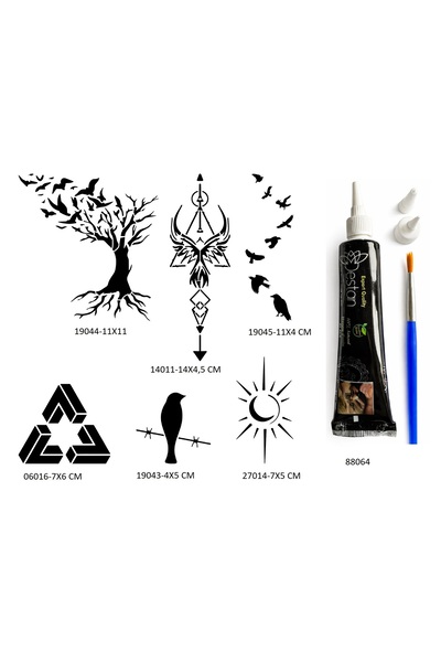 Airbrush Tattoo Hayat Ağacı ve Kuşlar 6 Adet Şablon ve Hint Kınası Geçici Döv...