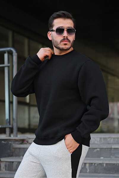 OMG Erkek OVERSIZE 3 İplik Şardonlu Bisiklet Yaka Sweatshirt Kalın Polar Asta...