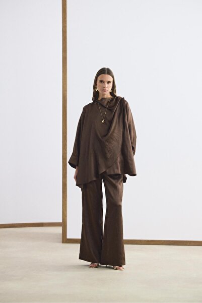 KADRİYE BAŞTÜRK Şal Yaka Detaylı Pantolon Takım Acı Kahve