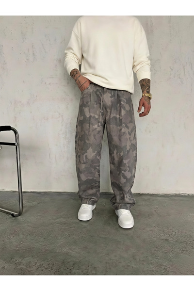 Wonraces Muške super široke pantalone Kamuflažni dezen Nabrano