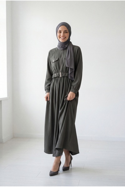 MİHRA STORE إفنان حزام i فستان مزدوج بسحاب نصف مغلق بجيوب - MN801 كاكي