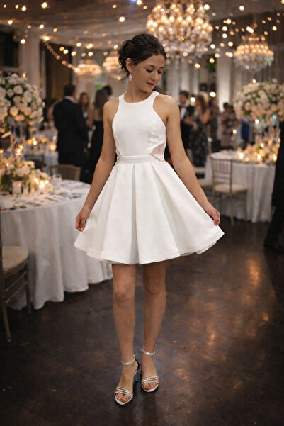 Erkut Kız Çocuk Krep Kumaş Krem Renk Kısa Abiye Elbise