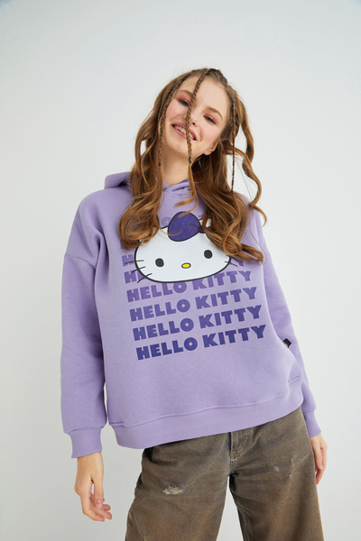 Hello Kitty Lisanslı Baskılı Kapüşonlu Oversize Sweatshirt
