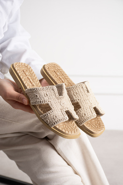 Moda Devrin Bež slamnata otvorena prednja strana ženska Papuče vanjska i Kućn...