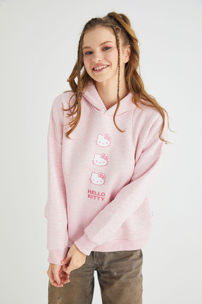 Hello Kitty Lisanslı Baskılı Kapüşonlu Pembe Sweatshirt