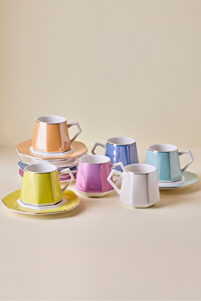 Perotti Pera 12 Parça 6 Kişilik Renkli Aurora Porselen Kahve Fincanı Takımı
