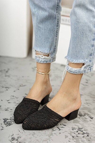 Bak Store Μαύρες Πλεκτές Γυναικείες Παντόφλες με τακούνι