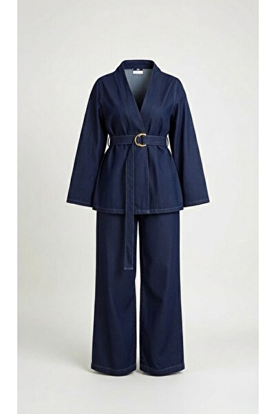 Suedcollection بدلة جينز بتفاصيل حزام مزدوج