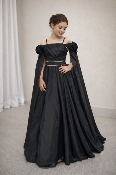 Erkut Kız Çocuk Organze Kumaş Çıkarılabilir Kol Detaylı Siyah Renk Uzun Abiye...