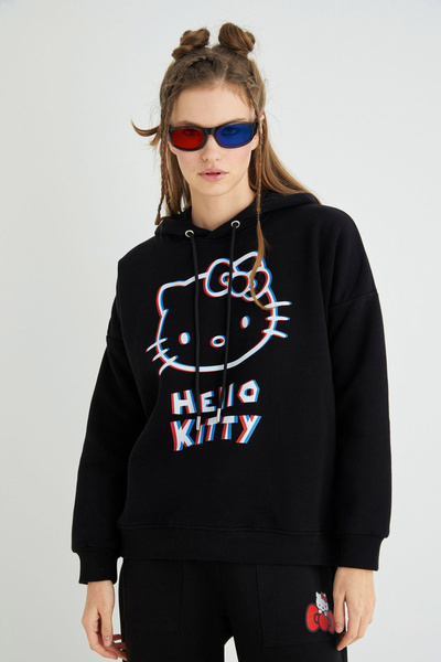 Hello Kitty Lisanslı Baskılı 3D Kapüşonlu Kalın Sweatshirt