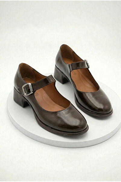 Shoesers Kadın Parlak Acı Kahve Tasarım Loafer Tokalı Günlük Kalın Topuklu Ay...