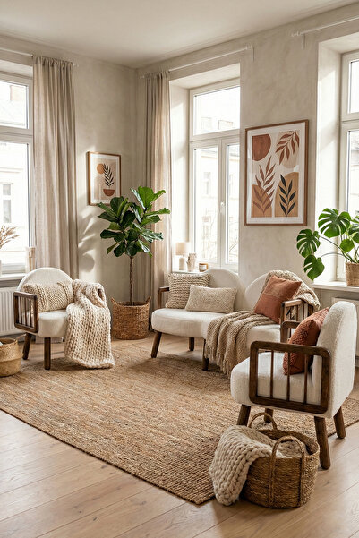 Zem Tosca Bohem Çay Seti Ceviz Ahşap, Kırık Beyaz (1 ADET IKİLİ BERJER 2 ADET...