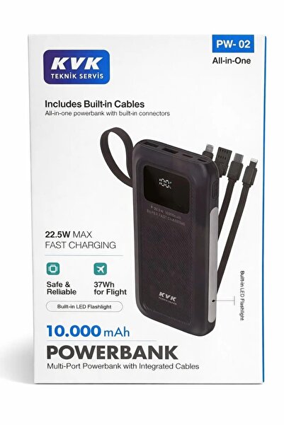 kvk 10000 mAh 22.5W Hızlı Şarj All-in-One Powerbank | 4 Entegre Kablo | LED F...