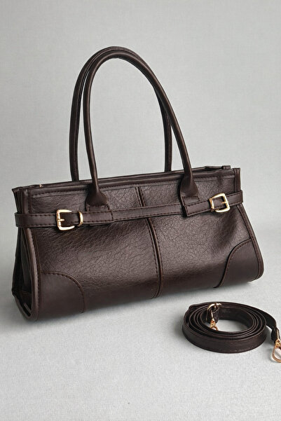 Women's Double Handle Crossbody Bag with Buckle Brown
