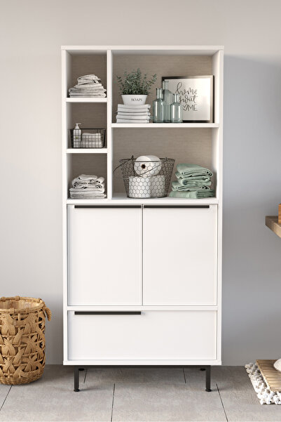 Yurudesign Ocean Banyo Dolabı Çok Amaçlı Dolap 3 Kapaklı Metal Ayaklı Beyaz O...