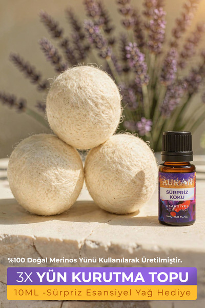 AURAN 3x Çamaşır Yün Keçe Kurutma Topu, Kurutma Makinesi İçin Doğal Yumuşatıc...
