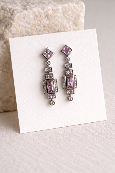 Owentis أقراط الأميرة من الفولاذ الفضي والحجر الوردي - لا تفقد اللون -