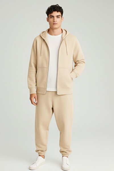 Altamira Men's Beige Hooded Jacket Tracksuit Set
