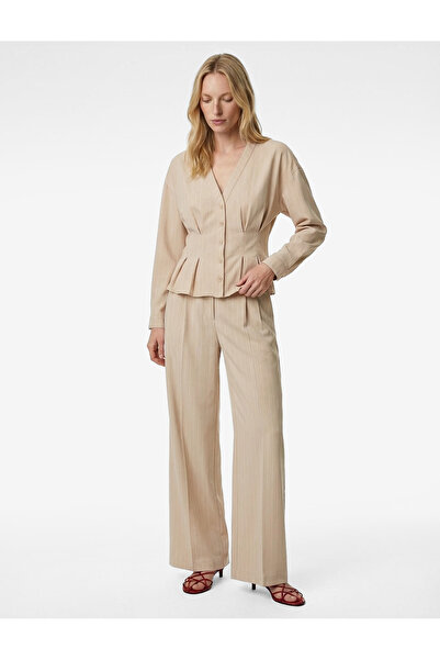 Koton Uzun Kollu Çizgili Pileli Yakasız Gömlek