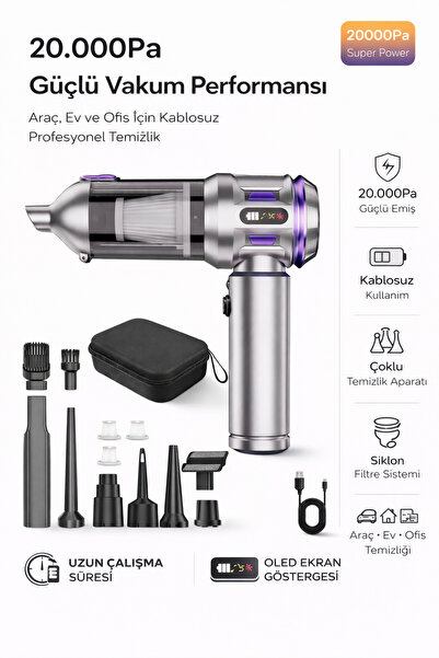 Maybax 20000Pa Ultra Turbo Güçlü Kablosuz Araç Süpürgesi LED Ekran, 6000mAh B...