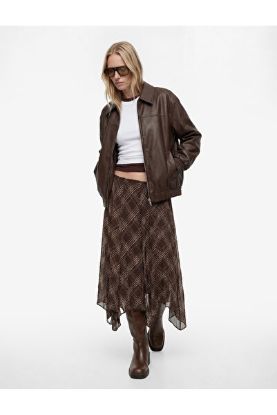 Koton Asymmetrical Cut Plaid Chiffon Midi Skirt