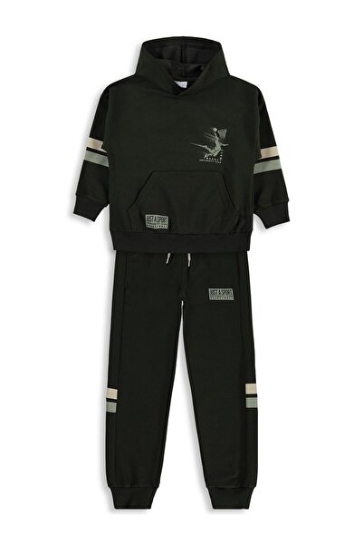 Mışıl Kids Kapüşonlu Kolları Şerit Baskılı 6-9 Yaş Eşofman Takımı - Haki 7-8 Yaş