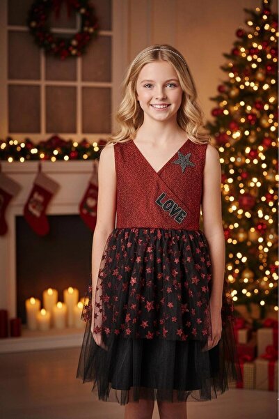 Hilal Akıncı Kids Kız Çocuk Yıldızlı Simli Love Model Abiye Elbise