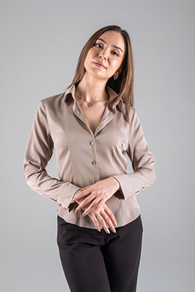 Maison La Femme قميص نسائي من الساتان بأكمام طويلة