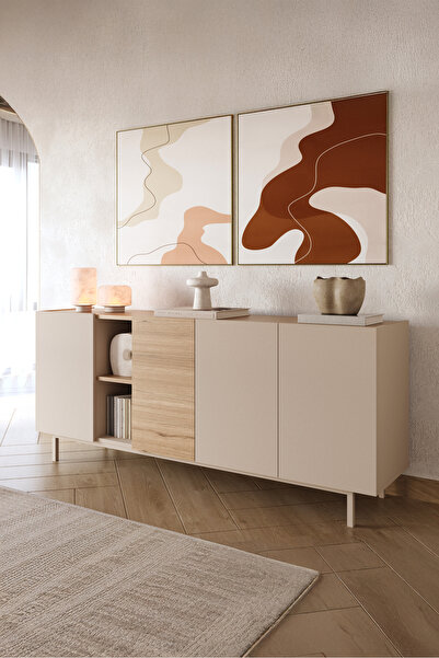 Yurudesign Sedra Konsol 4 Kapaklı Raflı Ahşap Ayaklı 180cm Kumsal-Sepet SD5-CS