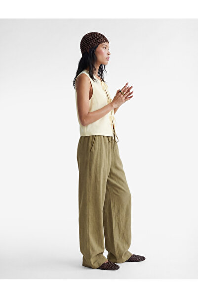 Koton Linen Blended Drawstring Waist Elastic Pocketed Wide-Leg Trousers