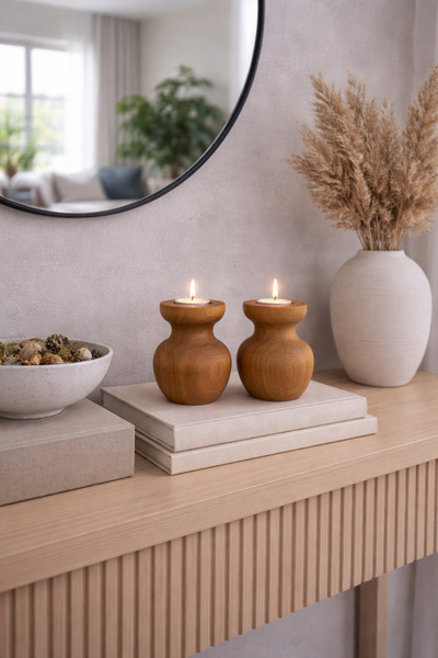 justwood 2'Lİ Büyük Nar Model Tealight Ahşap Şamdan Seti Dekoratif Şamdan
